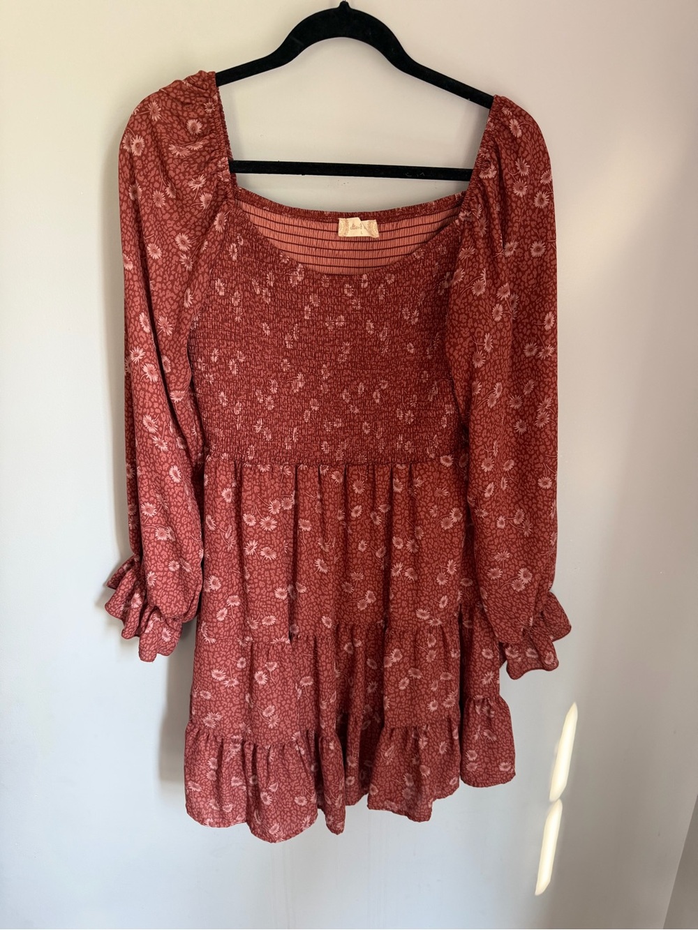 Alter’d State Floral Smocked Mini Dress Rust Boho Cottagecore Long Sleeve Size L